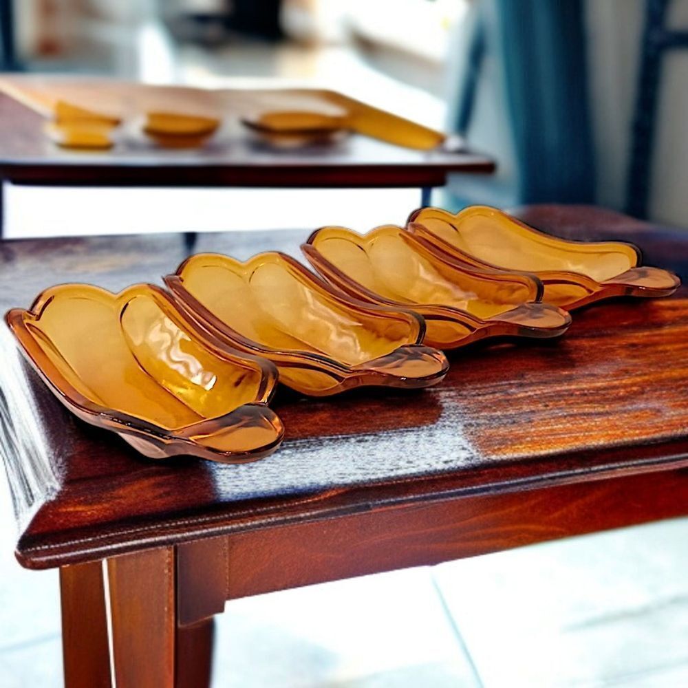 4 Amber‎ Glass Banana Split Boat Sundae Dishes Set Vintage 70s 80s Indiana Glass